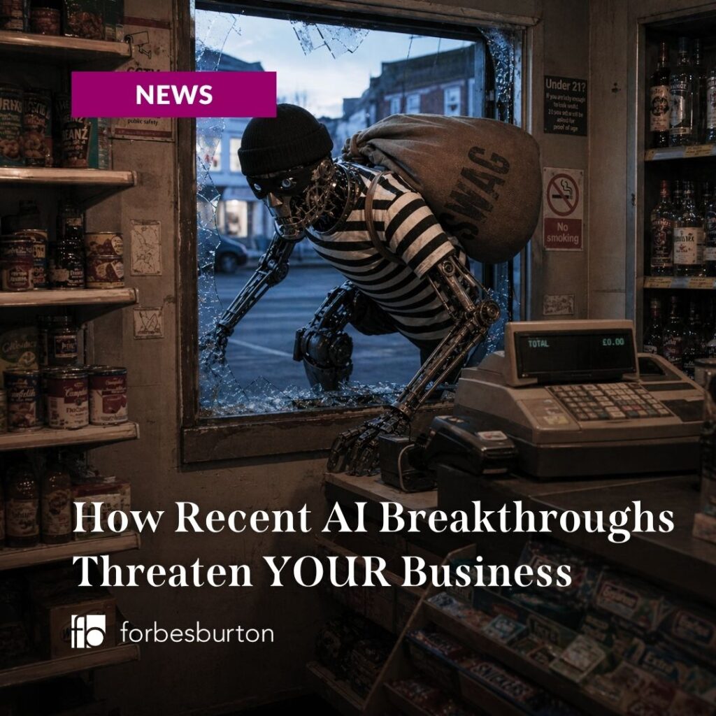 robot breaking into a corner shop dressed as an old-school burglar, swag bag and all