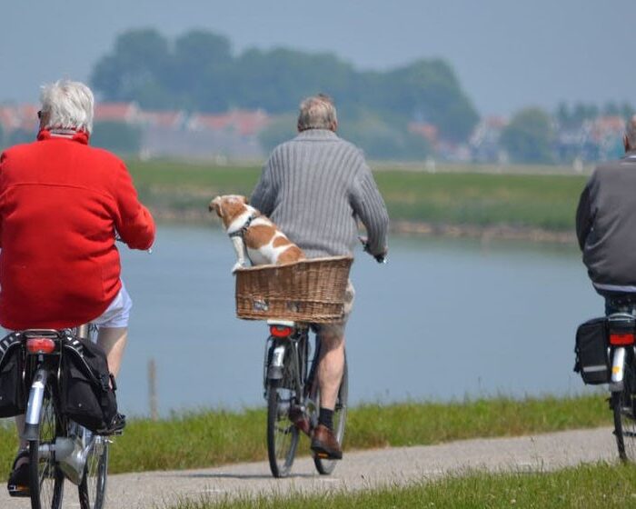 three middle aged people biking by the river