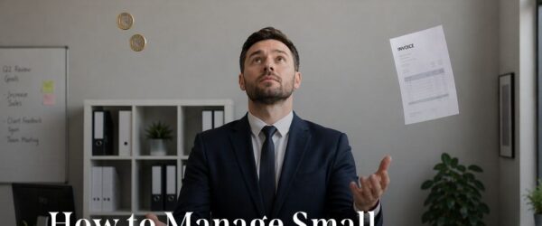 businessman wondering how to manage his small business finances while literally juggling money, an invoice, a wallet and a phone in an office